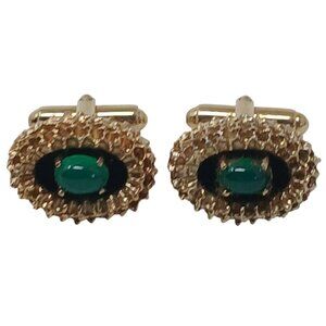 Vintage Karatclad Gold Tone Cufflinks With Green Stone #J-4